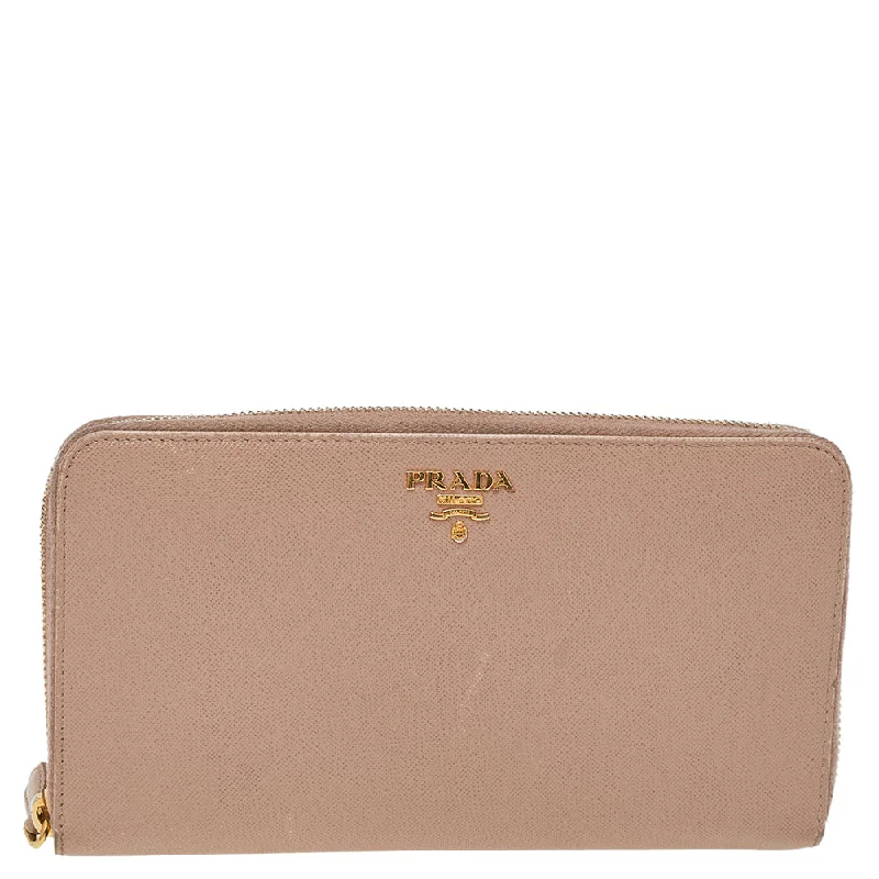 Keychains with rings for keeping keys organized -Prada Cream Saffiano Leather Zip Around Wallet..