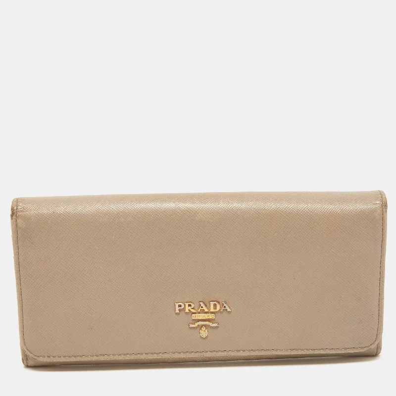 Compact wallets for travel -Prada Dark Beige Saffiano Leather Flap Continental Wallet