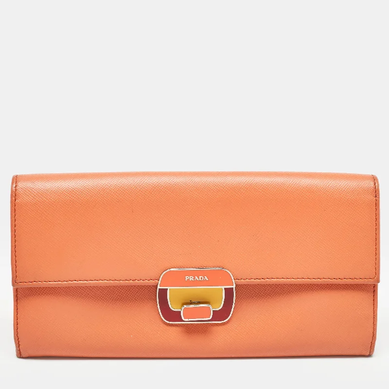 Classic leather wallets for men -Prada Orange Leather Pushlock Flap Continental Wallet