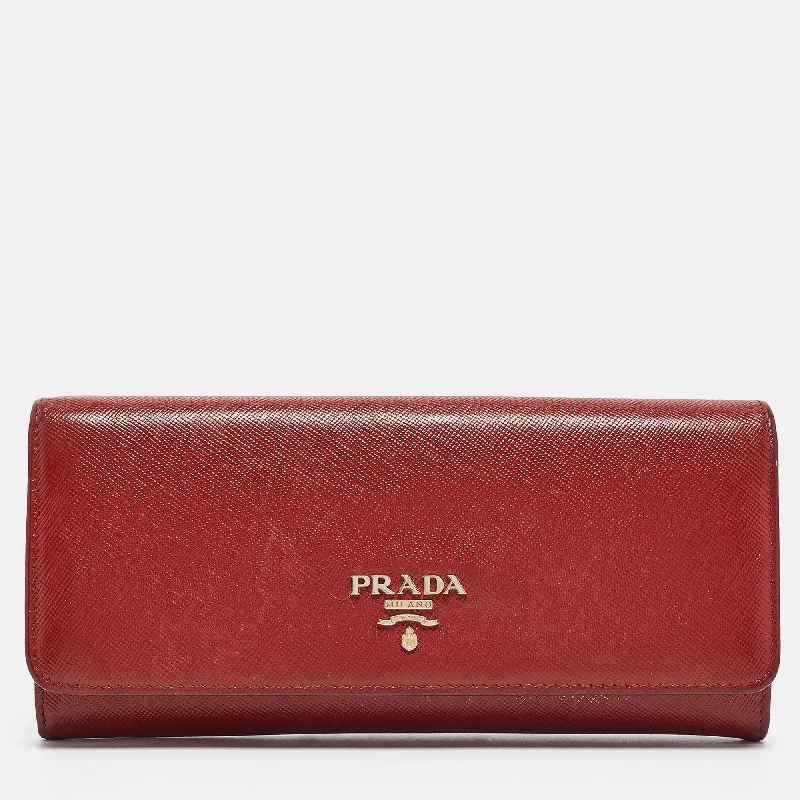 Best keychains for collecting -Prada Red Saffiano Metal Leather Logo Flap Continental Wallet