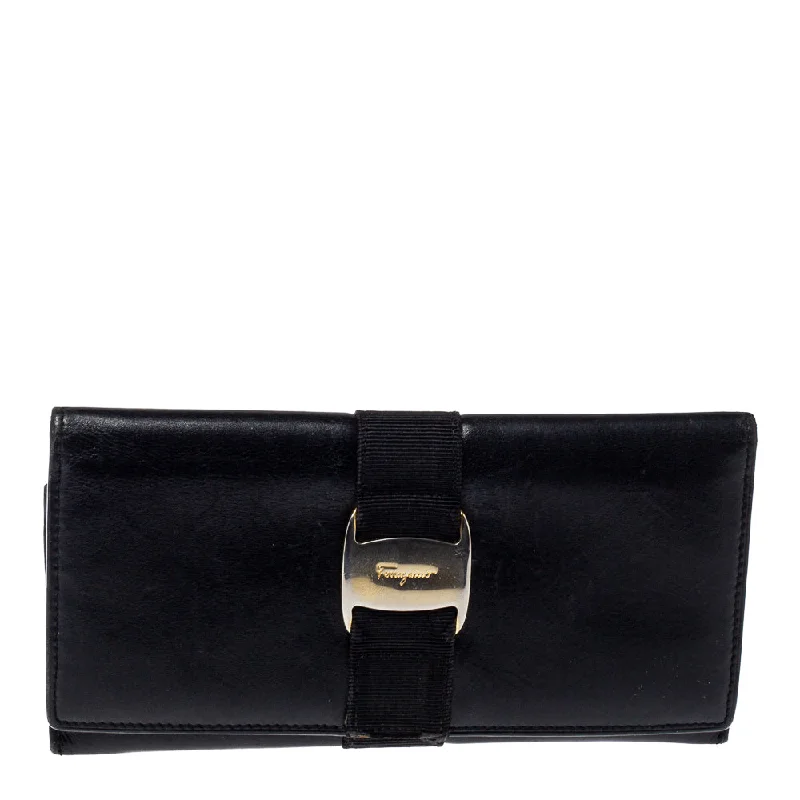 RFID blocking wallets for travel -Salvatore Ferragamo Black Leather Bow Wallet