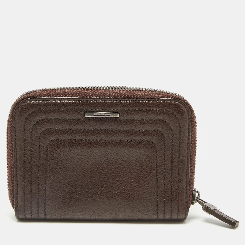 RFID-protected wallets with anti-theft design -Salvatore Ferragamo Dark Brown Leather Zip Around Compact Wallet