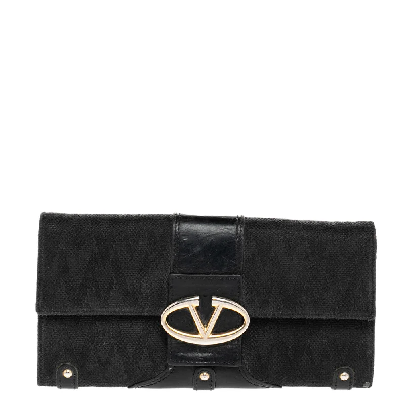 Keychains with charm designs for women -Valentino Black Canvas And Leather Continental Wallet