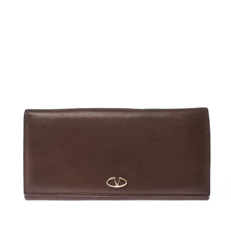 Designer wallets with luxury leather materials -Valentino Brown Leather V Ring Flap Continental Wallet