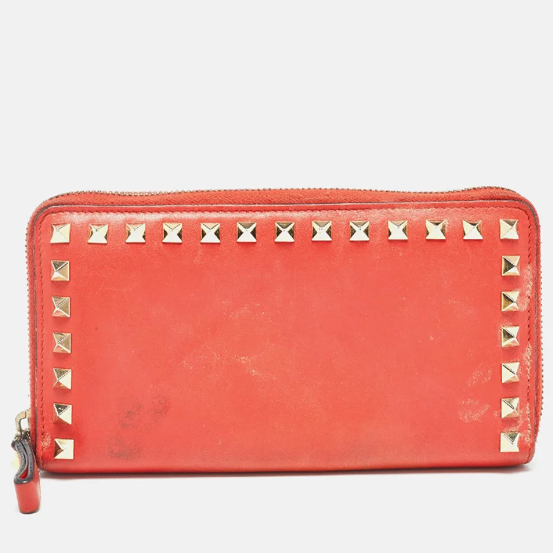 Wallets with RFID card holder for security -Valentino Red Leather Rockstud Zip Around Continental Wallet