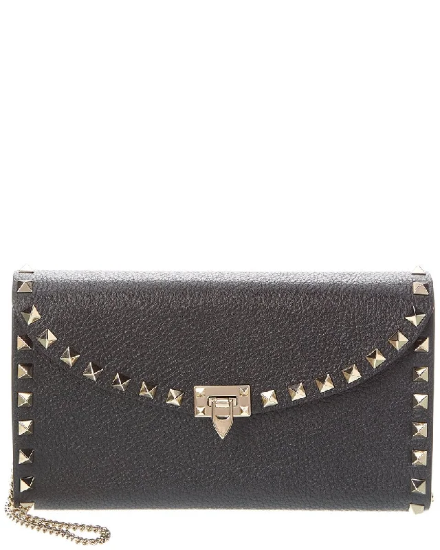 Fashionable wallets for men with sleek designs -Valentino Rockstud Grainy Leather Wallet On Chain