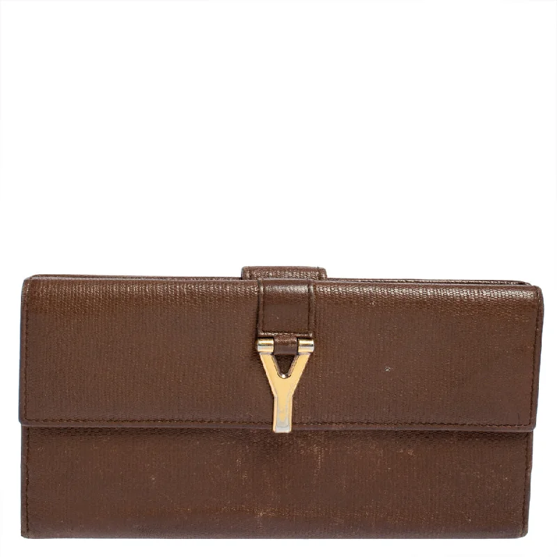 Keychains with fun and quirky designs -Yves Saint Laurent Brown Leather Y Ligne Flap Continental Wallet..