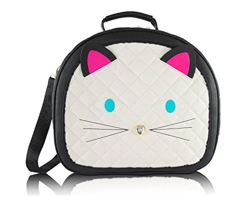 Suitcase for travel essentials-Betsey Johnson Cat Train Carry-On Round Weekender Suitcase - Cream Face