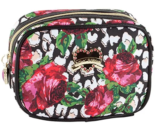 Suitcase with modern straps-Betsey Johnson Roses Over Cheetah Cub Singular Cosmetic Case, Roses Over Chetah, One Size