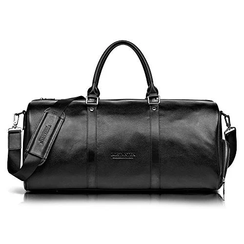 Suitcase with large zippers-Bostanten Genuine Leather Travel Weekender Overnight Duffel Bag Gym Sports Luggage Bags For Men