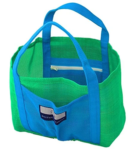 Suitcase with durable fabric-Child Small Mesh Beach Bag – 2 Zippers, Hand Carry, Green And Blue