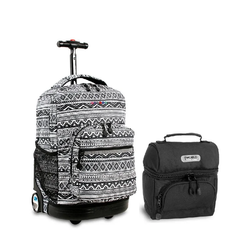 Small travel backpack-J World Combo Rolling Backpack & Lunch Bag Back to School Bundle Set Sunrise/Corey (Tribal and Black)