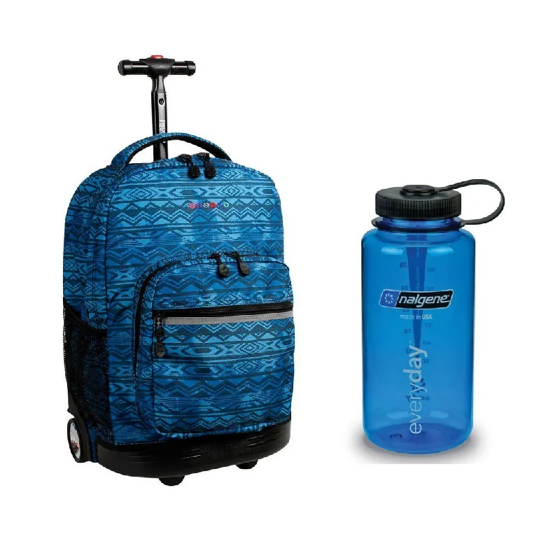 Backpack with extra cushioning-J World Combo Sunrise Rolling Backpack and Nalgene Wide Mouth Water Bottle Back to School Set (Water Mark w/Blue)