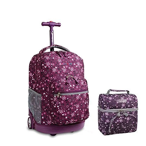 Lightweight school backpack-J World New York Sunrise Rolling Backpack & Corey Lunch bag Set (Garden Purple)