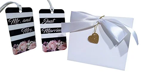 Suitcase for small electronics-Just Married Luggage Tag Gift Set (Wedding, Honeymoon, Luggage Tags) (Garden Stripe)