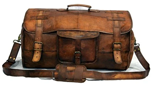 Suitcase with side straps-Leather Flap Weekend Duffel Travel Cabin Holdall Gym Sports Luggage 22 Inch