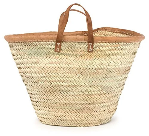 Suitcase for beach vacations-Moroccan Straw Market Bag W/ Brown Leather Handles & Trim - 22"Lx13"H - Majorca