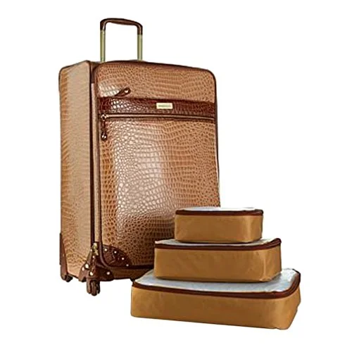 Suitcase with sleek logos-Samantha Brown 21" Upright Spinner With 3-Piece Packing Cubes - Caramel