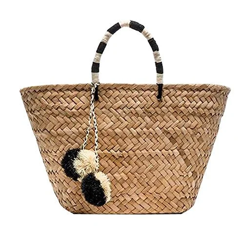 Suitcase with durable materials-Straw Bag Handmade Beach Handbag Summer Bag Lightweight With Balls