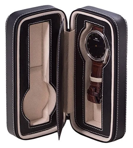 Suitcase with padded interior-Time Factory Leather Two Watch Travel Case With Form Fit Compartments, Center Divider To Prevent