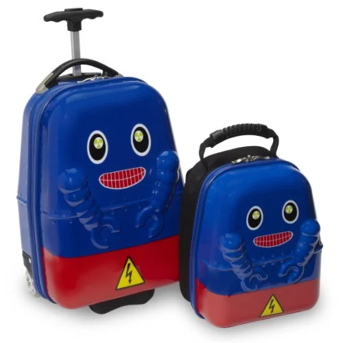 Suitcase with protective shell-Travel Buddies Rusty Robot Luggage, Blue, Red, Yellow