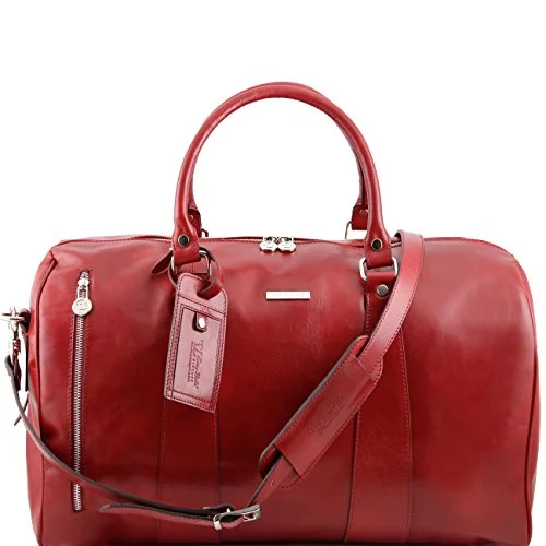 Duffle Bags for referees-Tuscany Leather Tl Voyager Travel Leather Duffle Bag - Small Size Red Leather Travel Bags