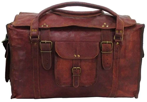 Suitcase with side straps-Vintage Crafts 21" Mens Retro Style Carry On Luggage Flap Duffel Leather Duffel Bag