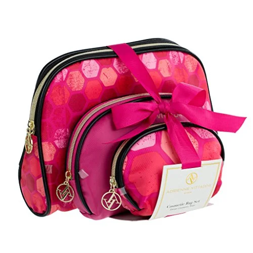 Suitcase for long journeys-Adrienne Vittadini Set Of 3 Dome Cosmetic Cases Black And Pink Hex