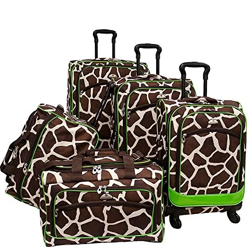 Suitcase with waterproof design-American Flyer Animal Print 5 Piece Spinner Luggage (Giraffe Green)