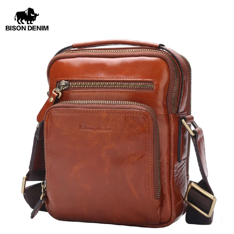 Crossbody with extra zippers-Bison Denim Genuine Leather Men'S Shoulder Bag Cowskin Men Bags Crossbody Messenger Vintage Flap