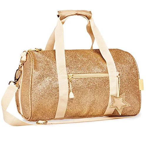 Duffle Bags eco-friendly-Bixbee Small Kids Duffle Bag, Dance Bag & Travel Bag for Sports, Gymnastics and Ballet with Zipper, Pockets, and Flake-Resistant Glitter Design - Dance Bag for Girls & Boys in Sparkalicious Gold