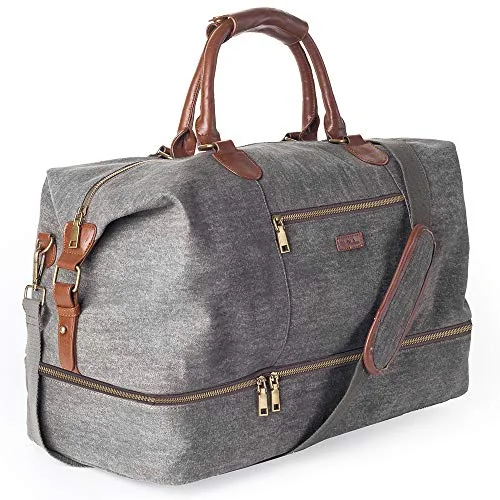 Canvas Travel Tote Luggage Men's Weekender Duffle Bag with Shoe compartment (Dark Grey)