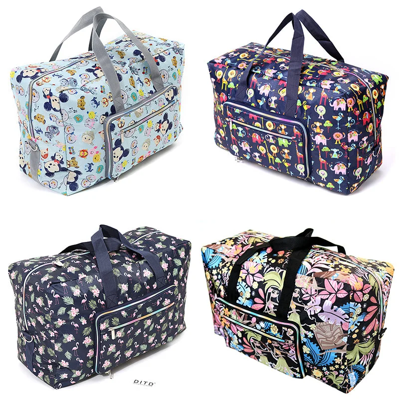 Duffle Bags for brushes-Foldable Travel Bag Women Large Capacity Portable Shoulder Duffle Bag Cartoon Printing Waterproof Weekend Luggage Tote