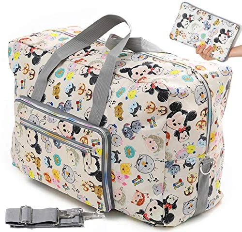 Duffle Bags for crafts-Foldable Travel Duffle Bag for Women Girls Large Cute Floral Weekender Overnight Carry On Bag for Kids Checked Luggage Bag (Z-Beige Mouse)