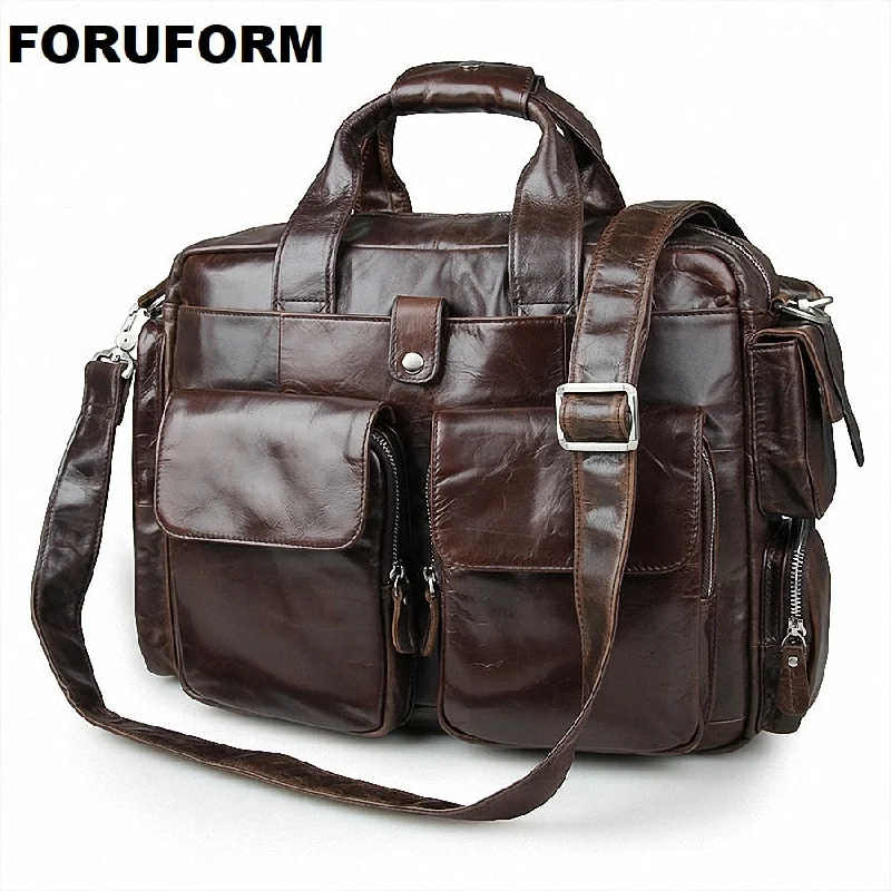 Crossbody with lockable zipper-Genuine Leather Men Briefcase Man Bags Business 15 Inch Laptop Tote Bag Men'S Crossbody Shoulder