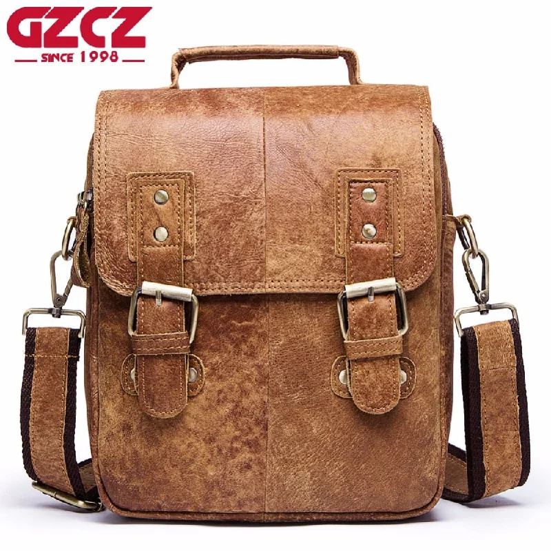 Crossbody for photography-Gzcz New 100% Genuine Leather Shoulder Bag Men Classic Vintage Crossbody Bag Designer Cow High