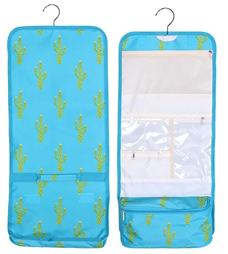 Suitcase for professional use-Hanging Toiletry Cosmetic Organizer Bag - Roll Up For Storage And Travel (Turquoise Cactus Print)