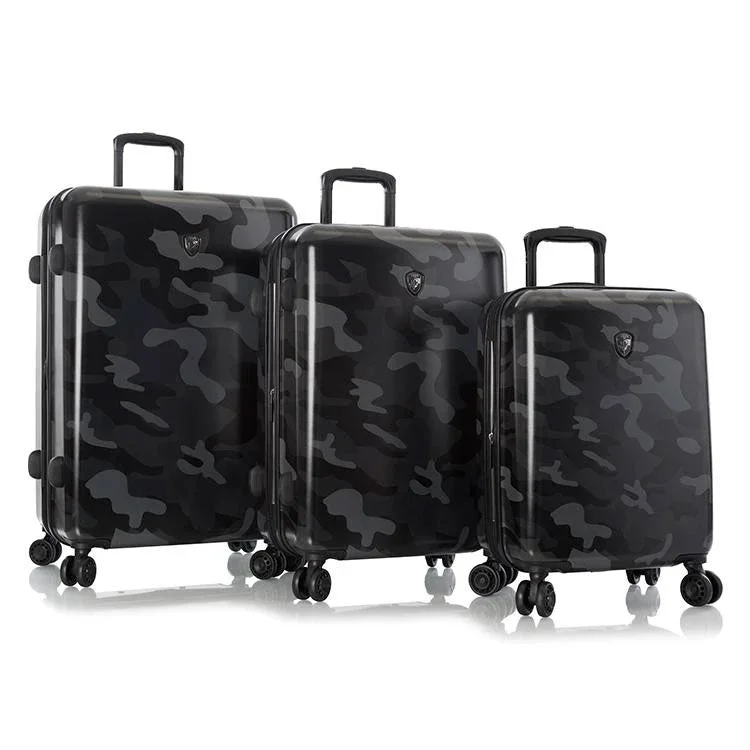 Suitcase for weekend getaways-Heys Black Camo Fashion Spinner 3 Piece Set