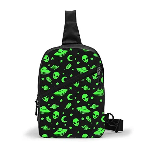 Crossbody with fun pattern-NiYoung Men Women Sling Bag Crossbody Backpack, Green Alien Moon Spaceships Planet Black Casual Daypack with Adjustable Strap for Outdoor Cycling Hiking Travel