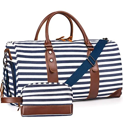 Duffle Bags for activism-Oflamn 21" Weekender Bags Canvas Leather Duffle Bag Overnight Travel Carry On Tote Bag with Luggage Sleeve (Blue/White Striped)