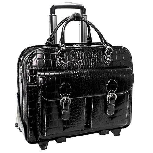 Suitcase for minimalist lifestyles-Siamod San Martino 35305 Black Leather Ladies’ Detachable-Wheeled Laptop Case