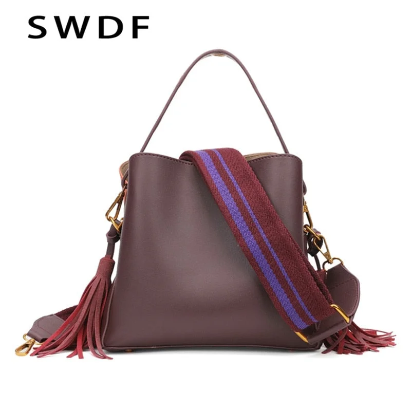 Crossbody for paperwork-Swdf 2019 Hot Sale Ladies Bucket Bag Portable Crossbody Bag Soft Leather Wide Shoulder Strap