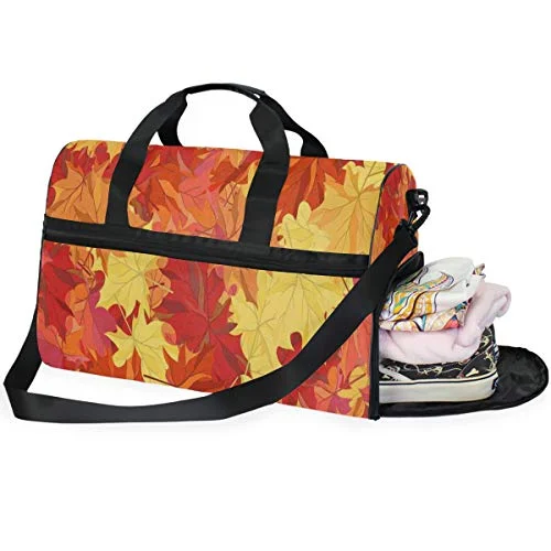 Duffle Bags for gloves-Travel Tote Luggage Weekender Duffle Bag, Autumn Maple Leaves Fall Red Orange Large Canvas shoulder