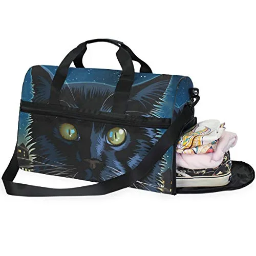 Duffle Bags for modern-Travel Tote Luggage Weekender Duffle Bag, Black Cat Night Large Canvas shoulder bag with Shoe