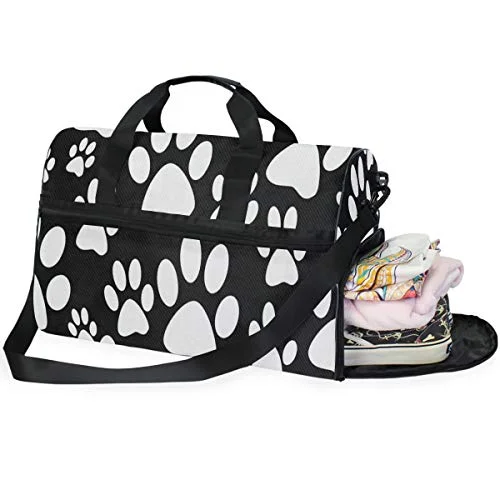 Duffle Bags for cultures-Travel Tote Luggage Weekender Duffle Bag, Black White Dog Paw Print Large Canvas shoulder bag