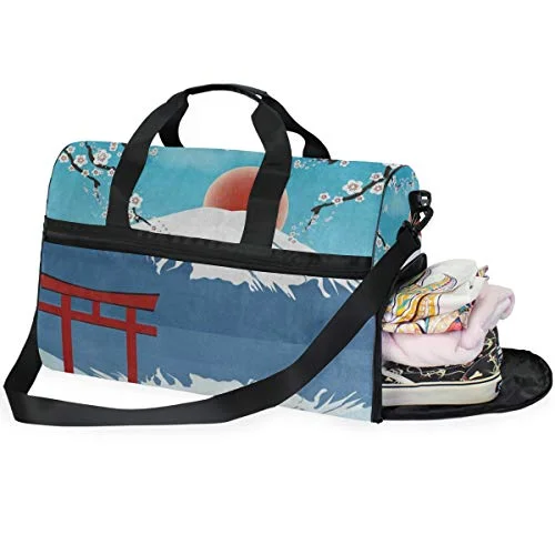 Travel Tote Luggage Weekender Duffle Bag, Cherry Blossom Mountain Fuji Japanese Sun Large Canvas