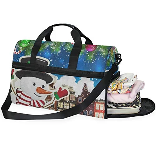 Duffle Bags for vintage style-Travel Tote Luggage Weekender Duffle Bag, Colorful Snow Snowman House Christmas Tree City Large