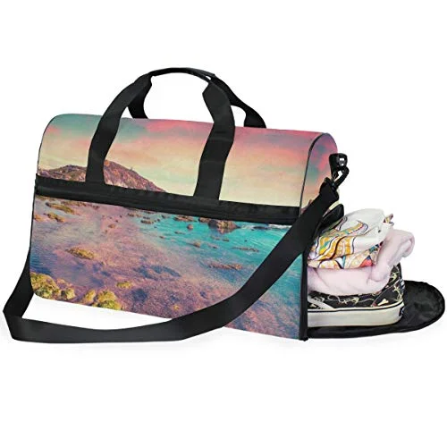 Travel Tote Luggage Weekender Duffle Bag, Colorful Sunset Beach Clouds Large Canvas shoulder bag