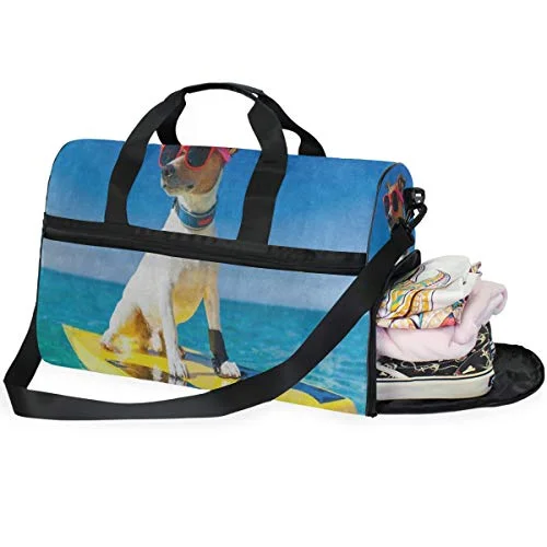 Duffle Bags for wallets-Travel Tote Luggage Weekender Duffle Bag, Dog Surfing Surfboard Sunglasses Ocean Sea Large Canvas