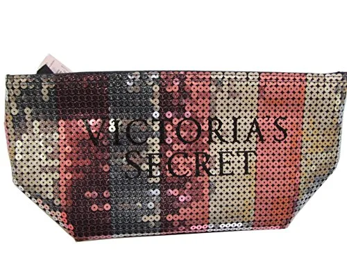 Suitcase for cruise vacations-Victoria'S Secret Signature Bling Sequin Stripe Make-Up Cosmetic Bag (Pink/Silver)